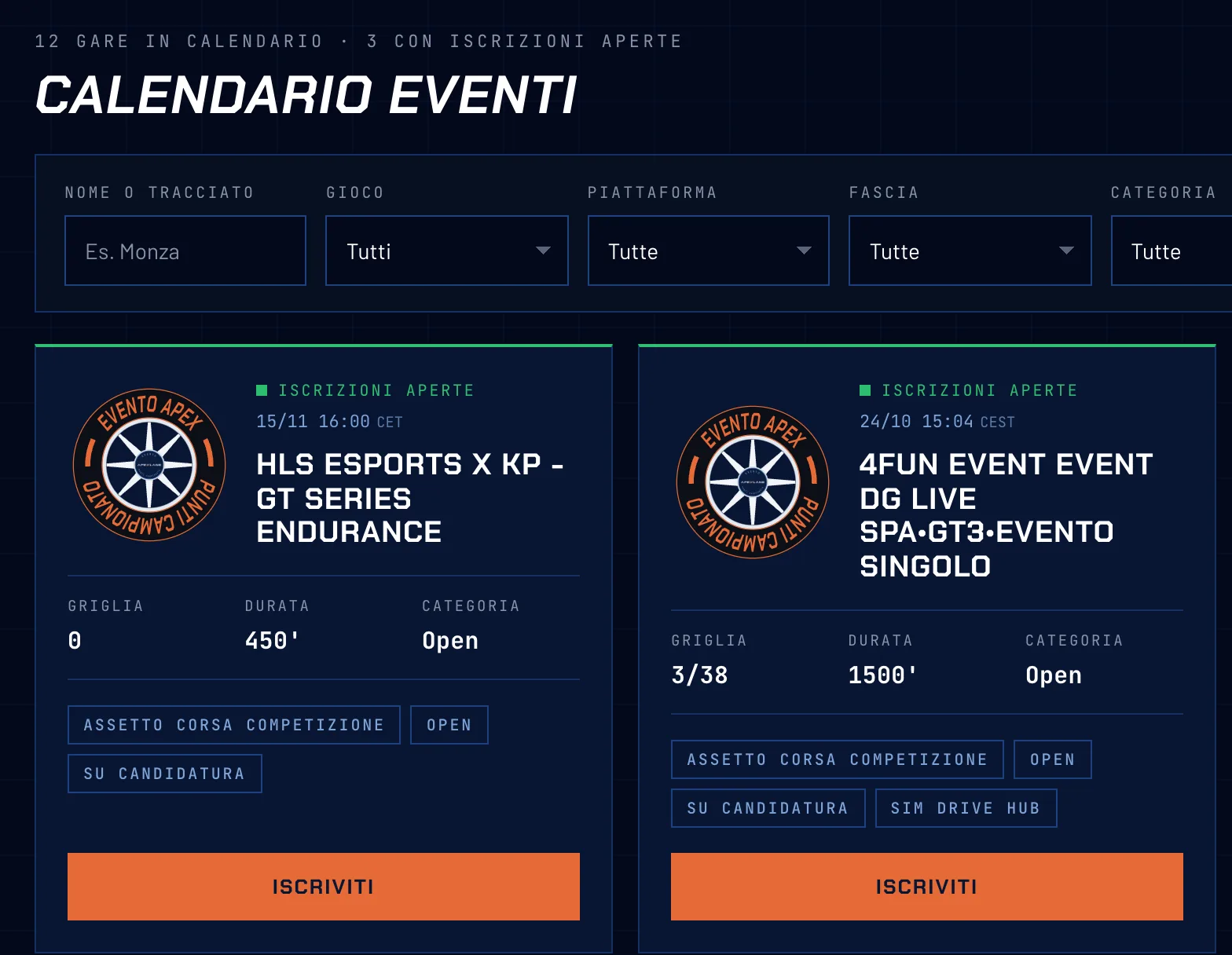 Calendario gare con filtri per gioco, piattaforma, fascia, categoria e stato.