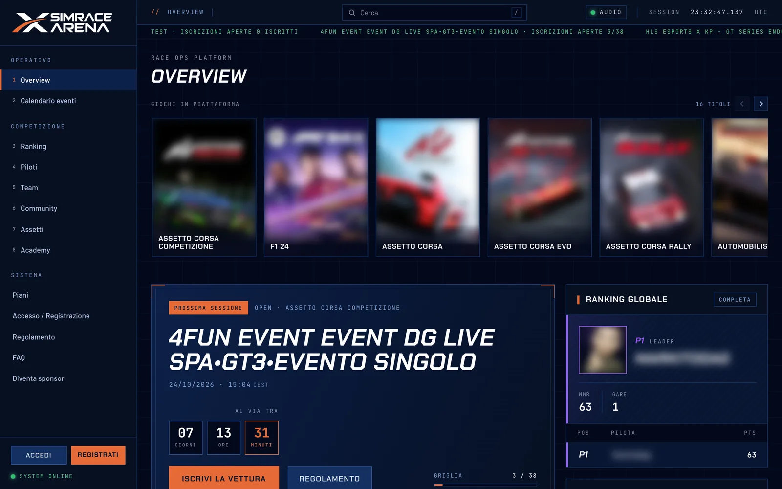 Schermata di SIMRACE ARENA: giochi supportati, prossima sessione e ranking globale.